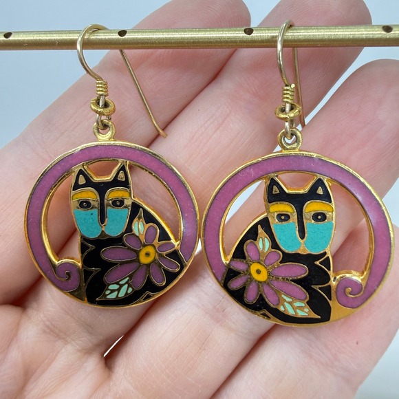 Laurel Burch Mark and Sally Earrings 1993 Enamel Cat Hoop Gold Tone Teal Flower - Picture 2 of 7